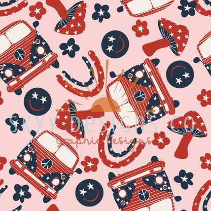 Fourth of July retro van  digital seamless pattern for fabrics and wallpapers, USA pattern, Hippie American seamless pattern - SkyyDesignsCo