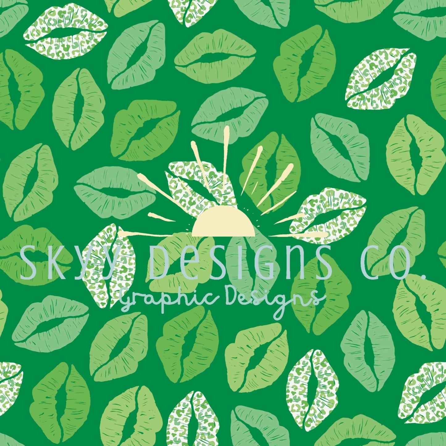 Green Cheetah lips kiss digital seamless pattern for fabrics and wallpapers, Kiss me Irish seamless file design, green lips wallpaper - SkyyDesignsCo