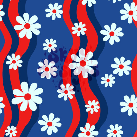 Fourth of July wavy daisy seamless pattern - SkyyDesignsCo
