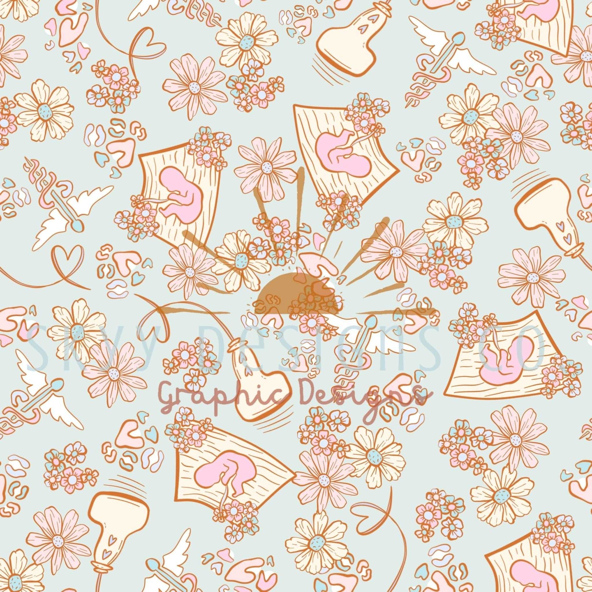 Labor and delivery floral digital seamless pattern for fabrics and wallpapers, Baby nurse seamless pattern, Doctor medical digital paper - SkyyDesignsCo