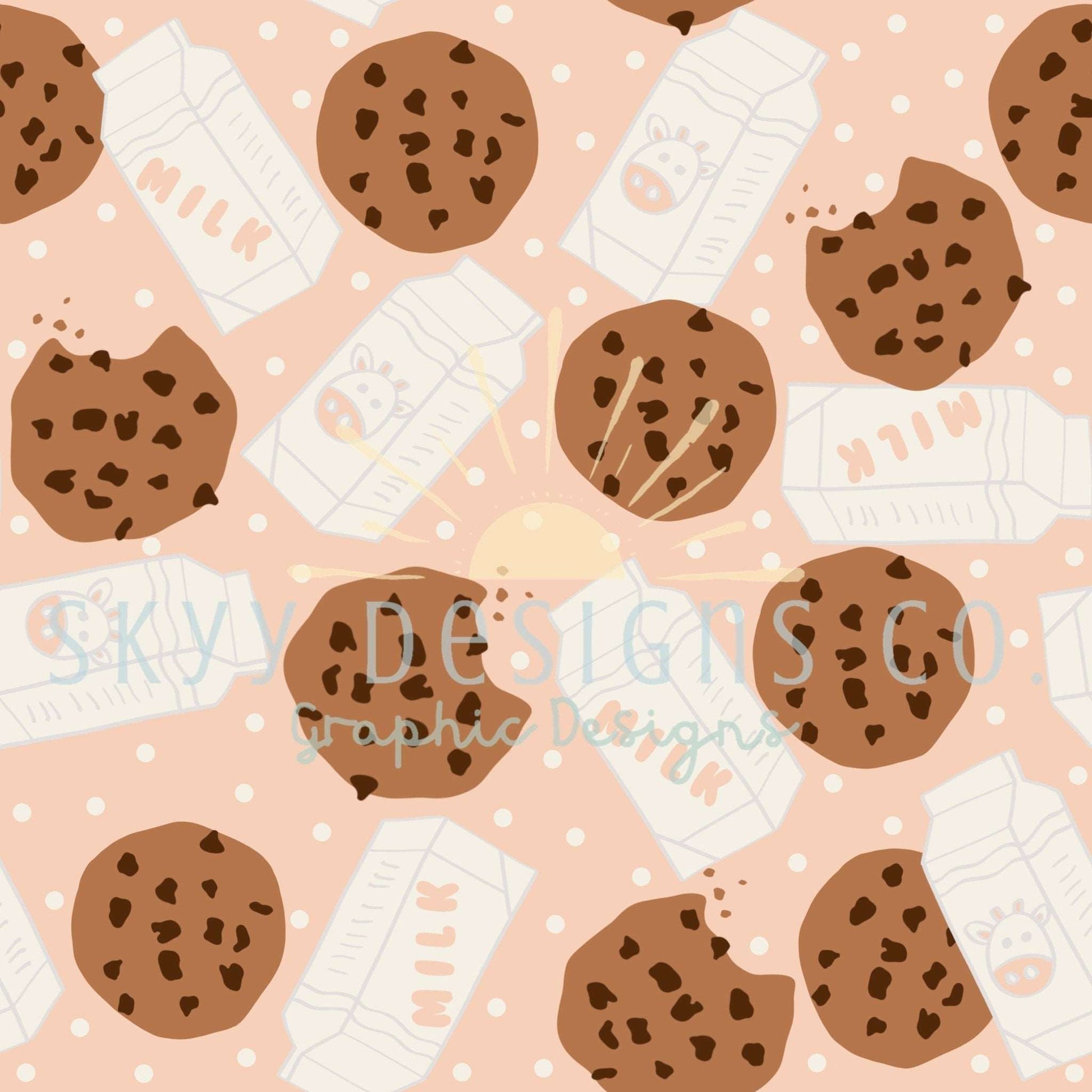 Milk and cookies digital seamless pattern for fabrics and wallpapers, Kids snacks digital paper file for fabrics, Cookies digital paper - SkyyDesignsCo