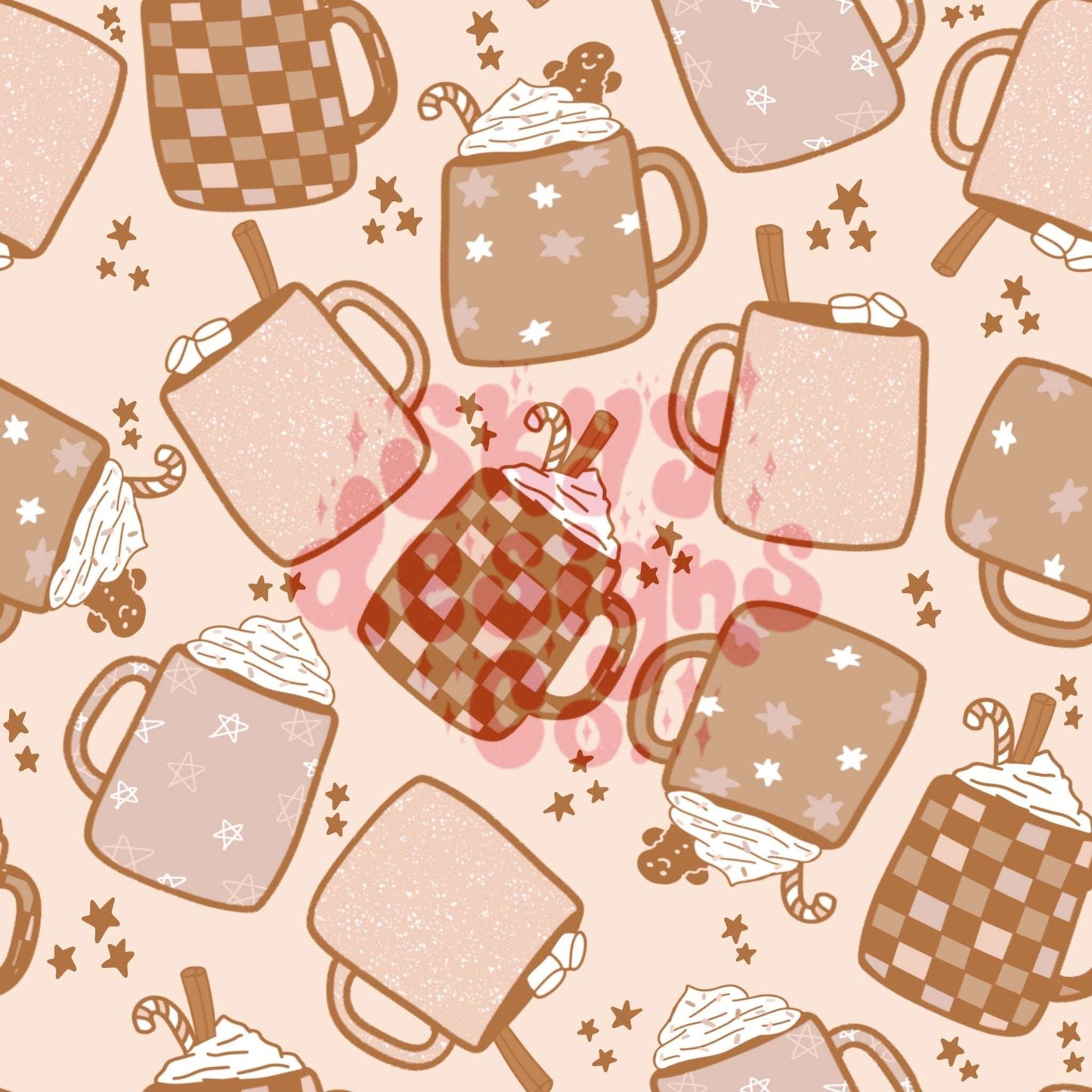 Neutral Christmas hot cocoa mugs seamless pattern - SkyyDesignsCo