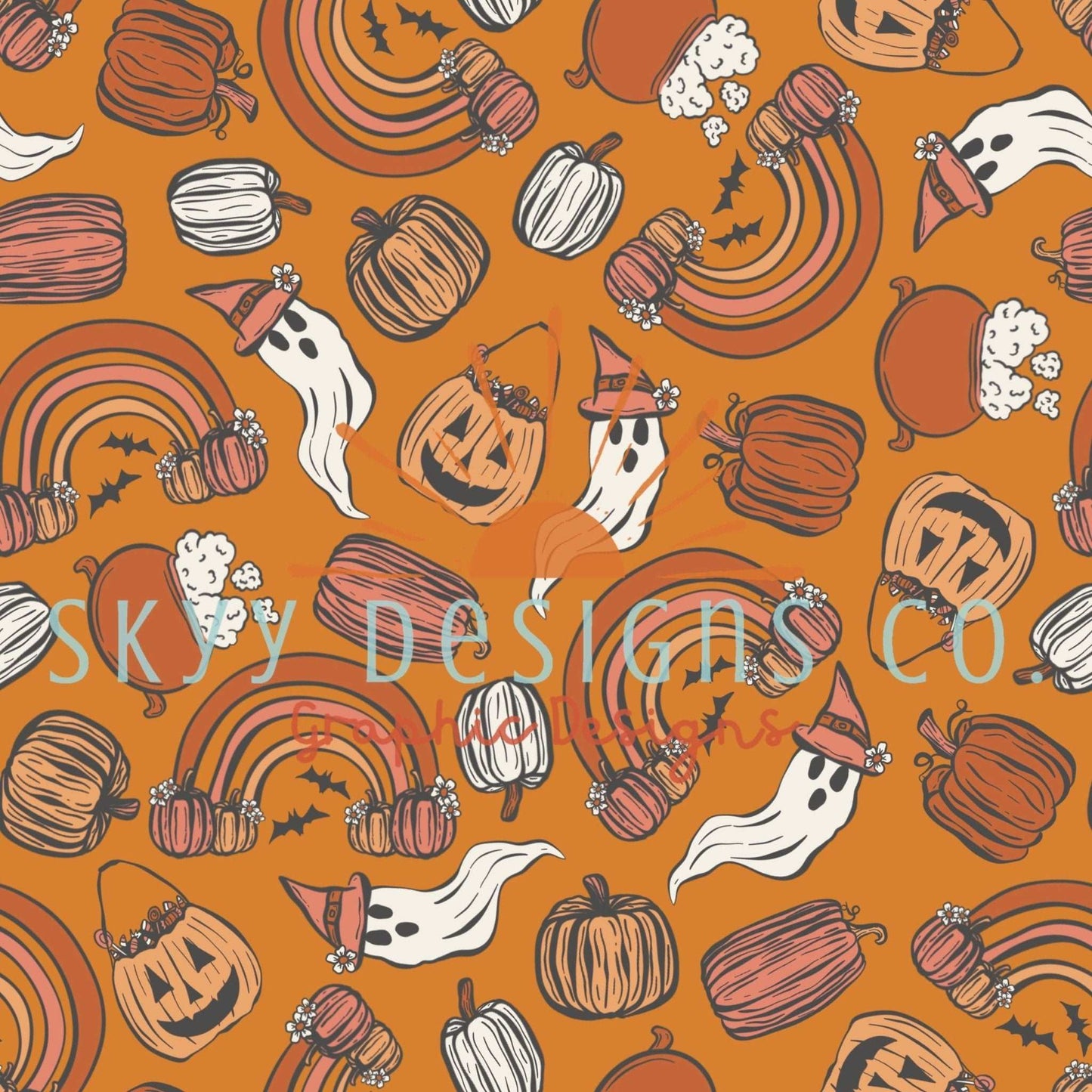 Orange spooky rainbow ghosts Halloween -  digital seamless pattern for fabrics and wallpapers, Spooky rainbow seamless pattern, Ghosts paper - SkyyDesignsCo