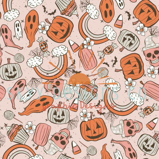 Pastel spooky Halloween pumpkins digital seamless pattern for fabrics and wallpapers, Pastel muted Halloween digital paper pattern - SkyyDesignsCo