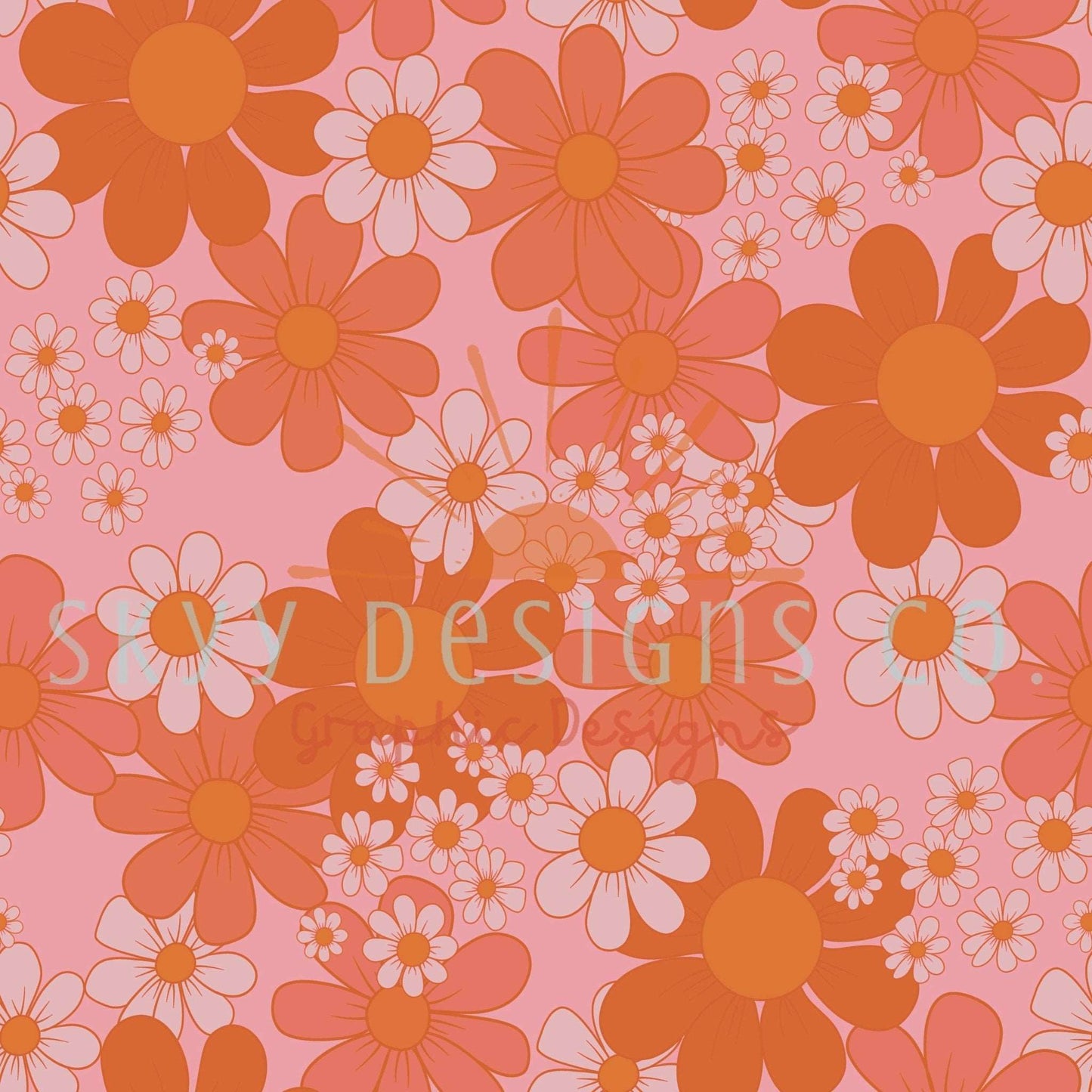 Peachy retro floral digital seamless pattern for fabrics and wallpapers, Hippie pink floral seamless pattern, retro floral digital paper - SkyyDesignsCo