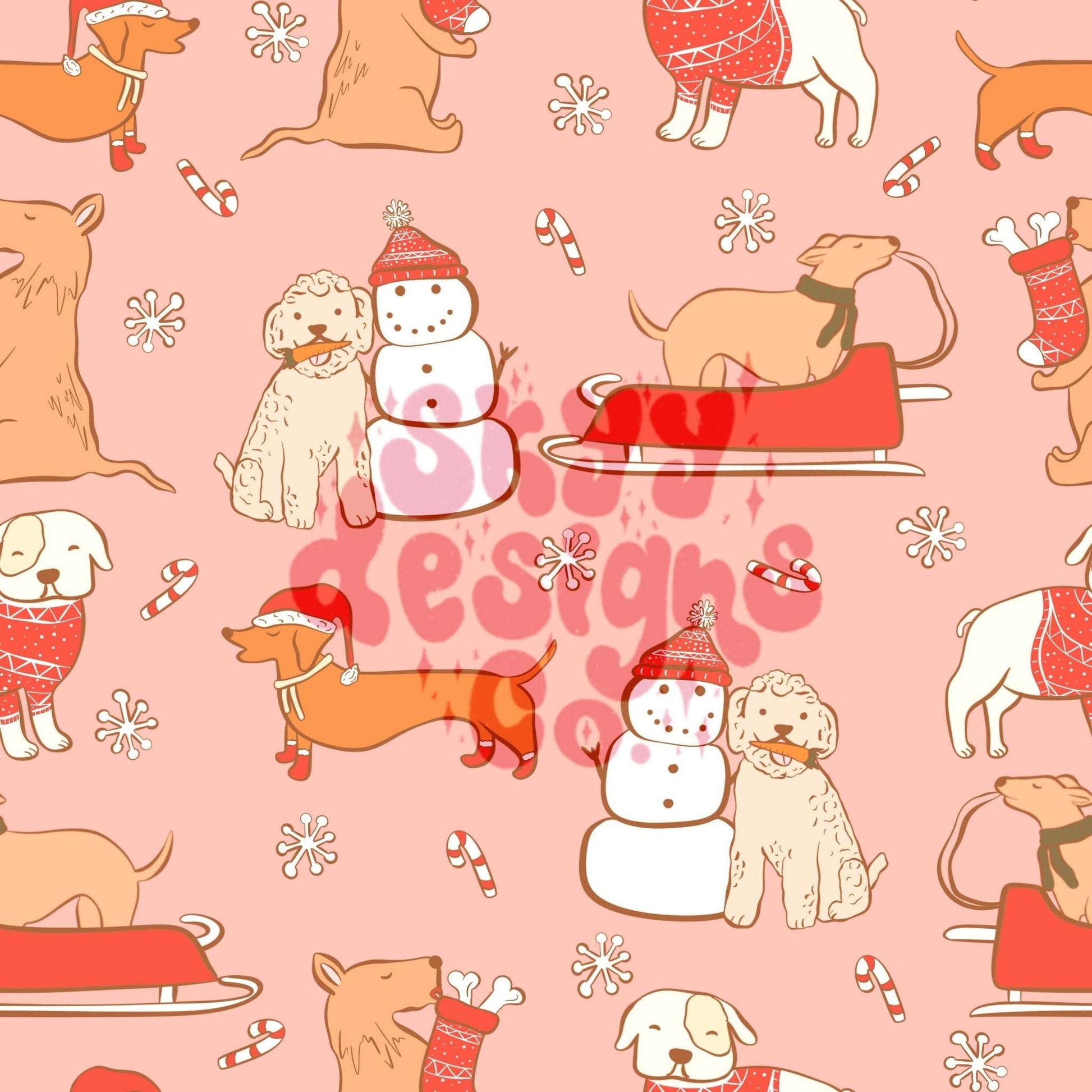 Pink Christmas dogs seamless repeat pattern - SkyyDesignsCo
