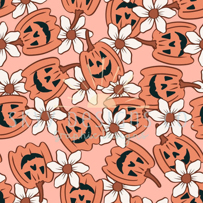 Pumpkin daisy digital seamless pattern for fabrics and wallpapers, Pumpkin floral digital paper seamless file, Digital paper pumpkin floral - SkyyDesignsCo
