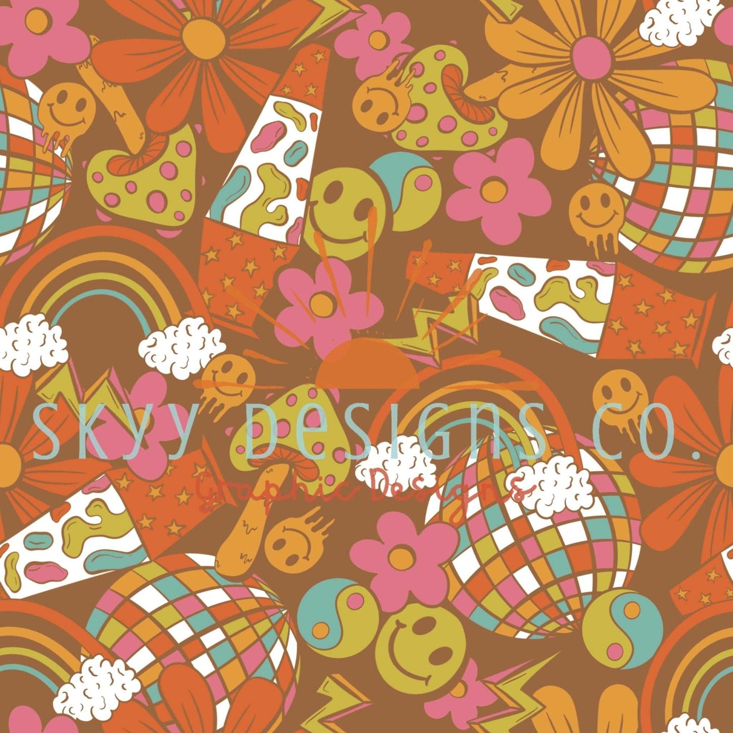 Retro groovy vintage mushroom floral digital seamless pattern for fabrics and wallpapers, Groovy retro digital paper file, Hippie seamless - SkyyDesignsCo