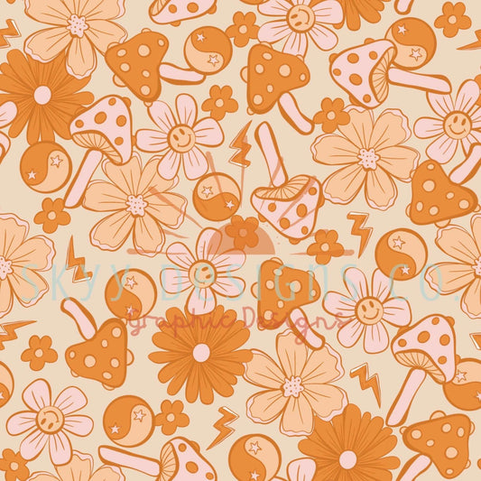 Retro neutral groovy mushroom floral digital seamless pattern for fabrics and wallpapers, Mushroom retro digital paper seamless file - SkyyDesignsCo