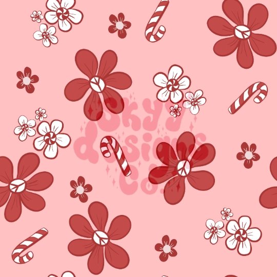Christmas candy cane floral seamless repeat pattern - SkyyDesignsCo