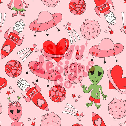 Valentines alien space seamless pattern for fabrics and wallpapers, Valentines seamless repeat pattern, digital paper Alien love outer space - SkyyDesignsCo