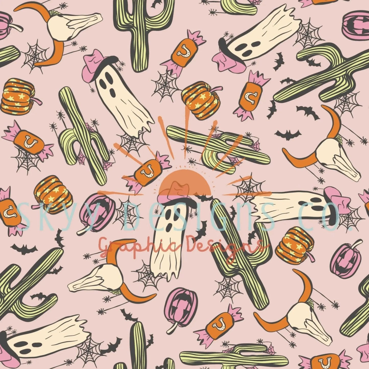 Western spooky cactus and ghosts Halloween digital seamless pattern for fabrics and wallpapers, Western Halloween digital paper file - SkyyDesignsCo