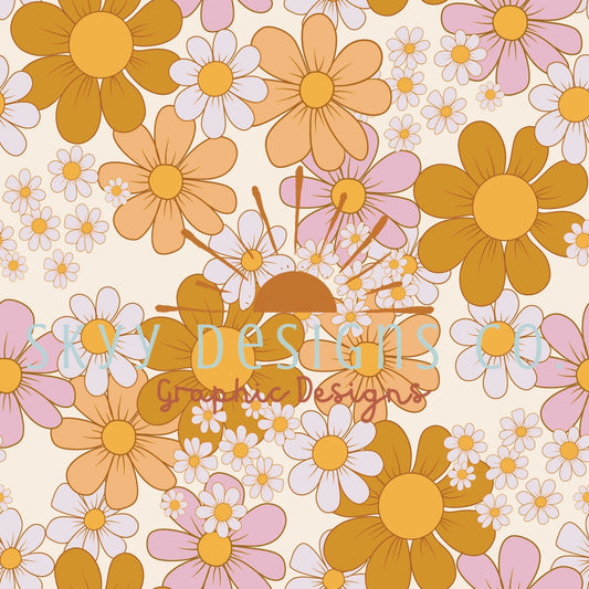 Yellow retro daisies  digital seamless pattern for fabrics and wallpapers, Yellow retro floral digital paper file, retro floral neutral - SkyyDesignsCo